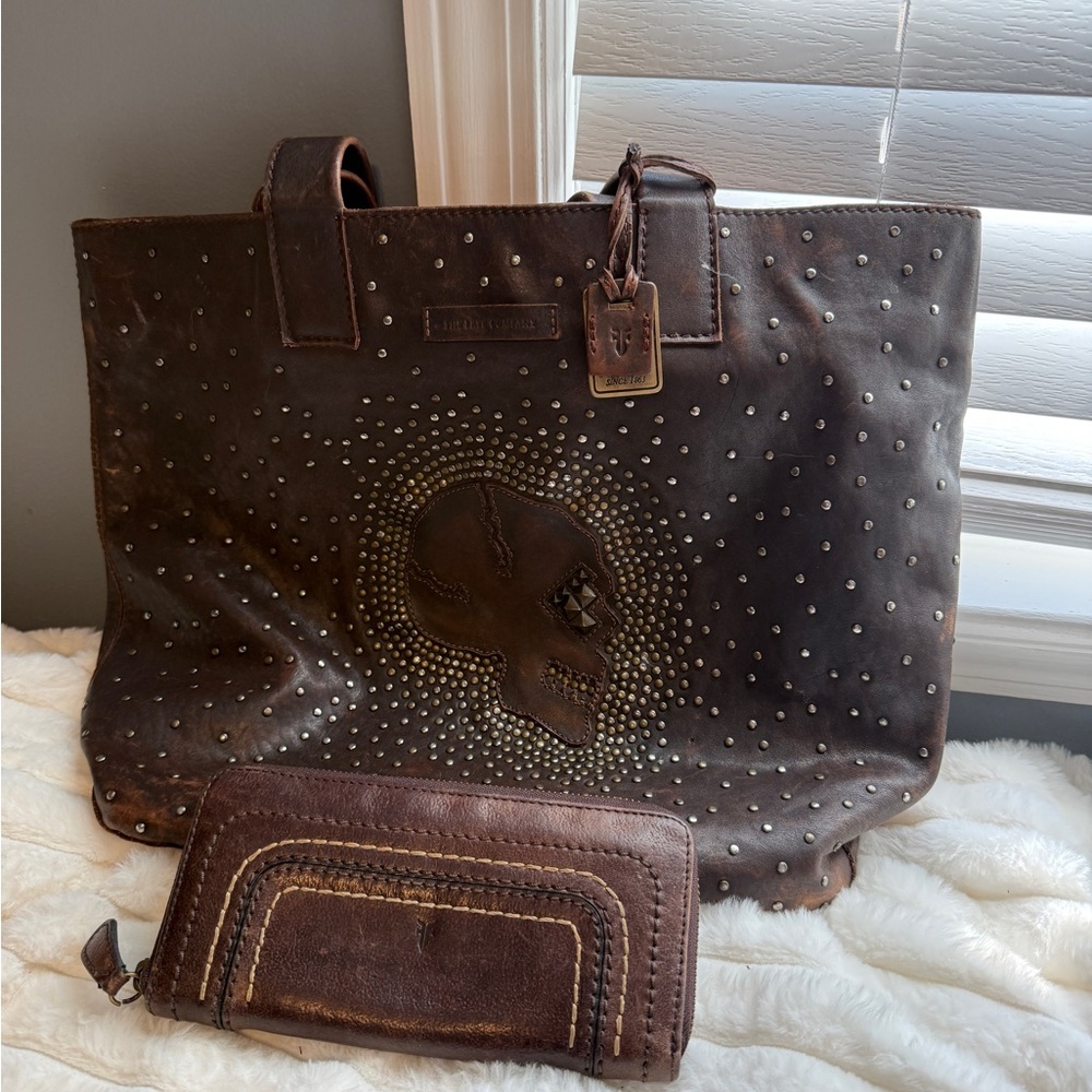 Frye Studded Skull Brown Leather Bag Tote and Wallet Set